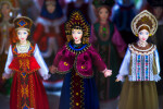 Beautiful vintage colourful wooden dymkovo dolls at market. Dymkovo dolls is folks cultural symbol of Russia. With selective focus on one doll